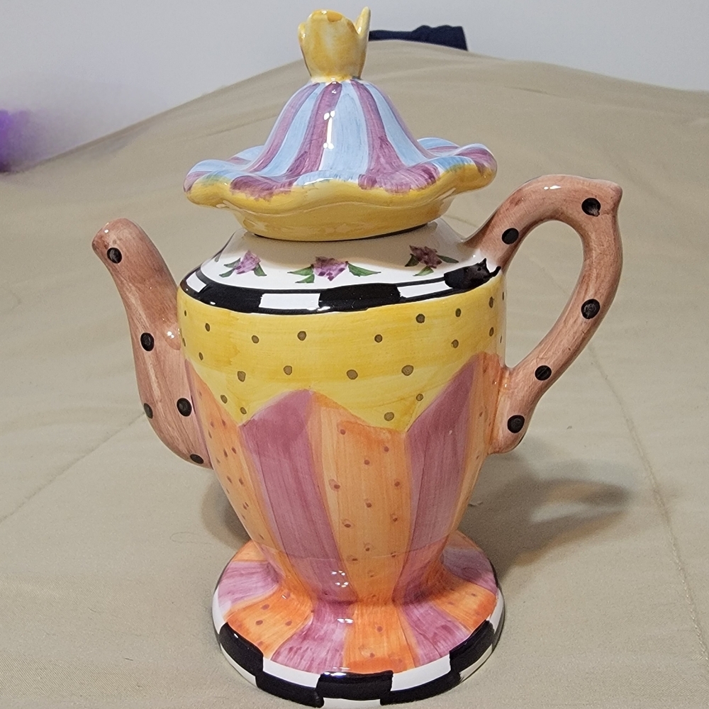 Bella Casa by Ganz Vintage Whimsical Polka Dot Stripe Teapot